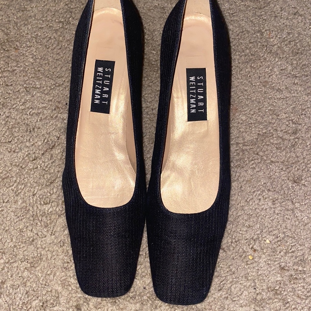 Stuart Weitzman Black Chunky Heel Textured Fabric 2.5” Heel Pump Shoes